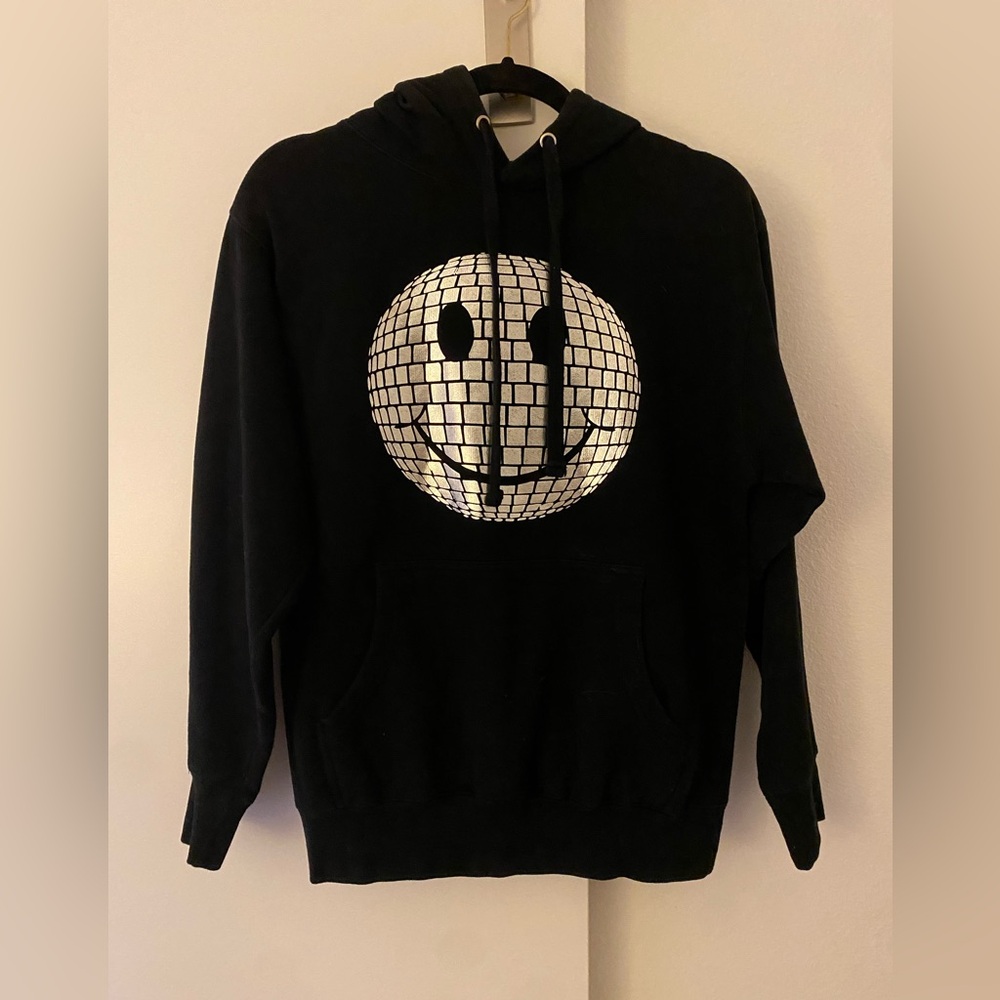 Black Disco Smiley Hoodie, Unisex Small, Ragerr Clothing
